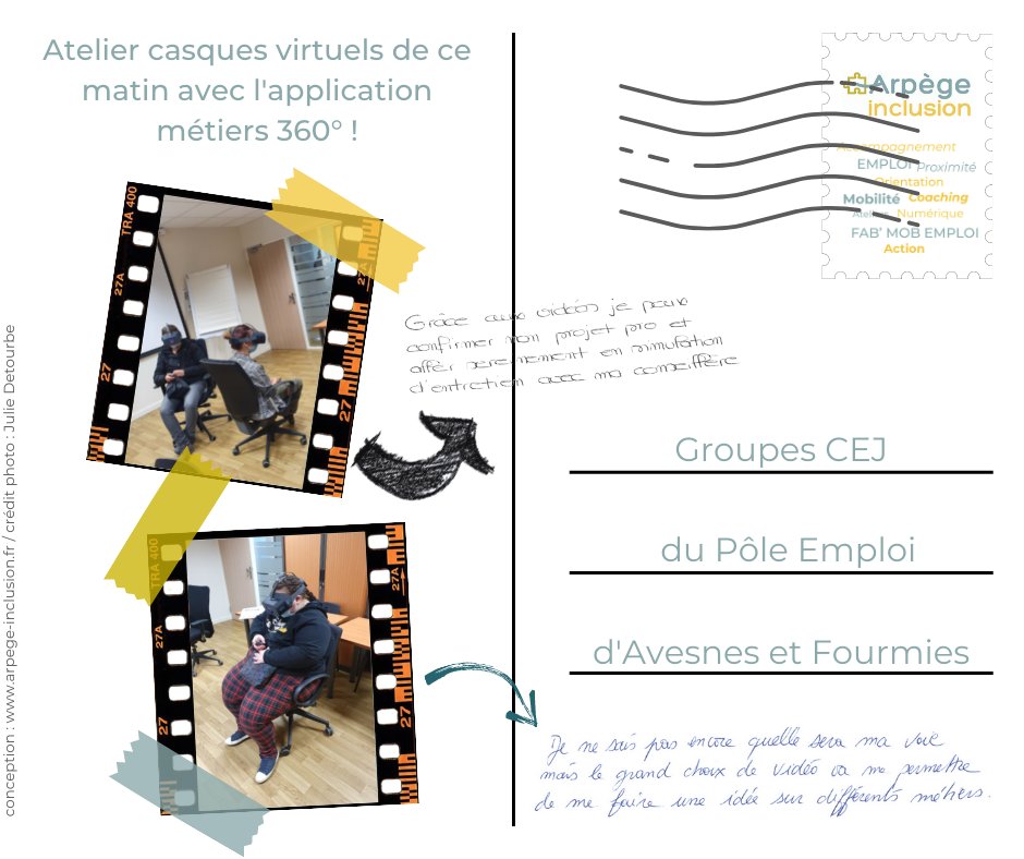 FabMobEmploi Maubeuge (@fabmobmaubeuge) on Twitter photo Ce matin nous étions au Pôle Emploi d'Avesnelles pour un atelier casques virtuels.
Les jeunes des groupes CEJ d'Avesnes et Fourmies ont pu confirmer et découvrir des métiers grâce à l'application métiers 360°.
A très vite !
#poleemploi #métiers360 #CEJ <a href="/JohanBaillon/">Johan Baillon pro</a> Ce matin nous étions au Pôle Emploi d'Avesnelles pour un atelier casques virtuels.
Les jeunes des groupes CEJ d'Avesnes et Fourmies ont pu confirmer et découvrir des métiers grâce à l'application métiers 360°.
A très vite !
#poleemploi #métiers360 #CEJ <a href="/JohanBaillon/">Johan Baillon pro</a>