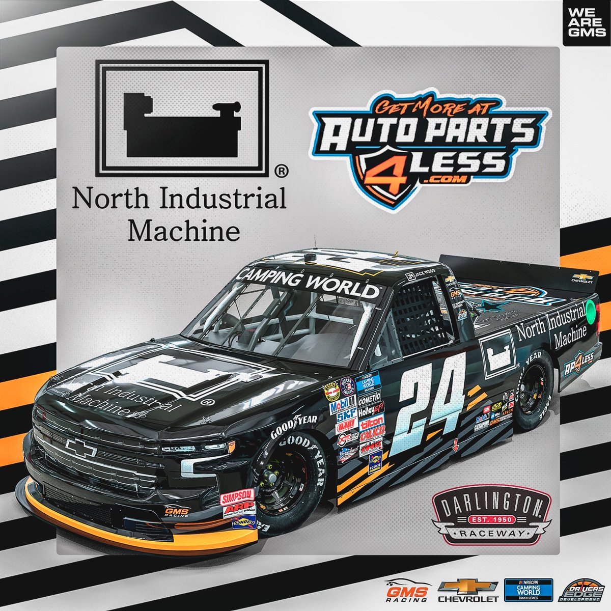 NEWS: http://NIMachine.net and @AutoParts4_less join forces with @DriverJackWood at @TooToughToTame this weekend!

💻: https://www.gmsracing.net/news/auto-parts-4less-and-north-industrial-machine-join-forces-with-jack-wood-at-darlington-raceway

#WeAreGMS | #NASCAR | #TeamChevy 