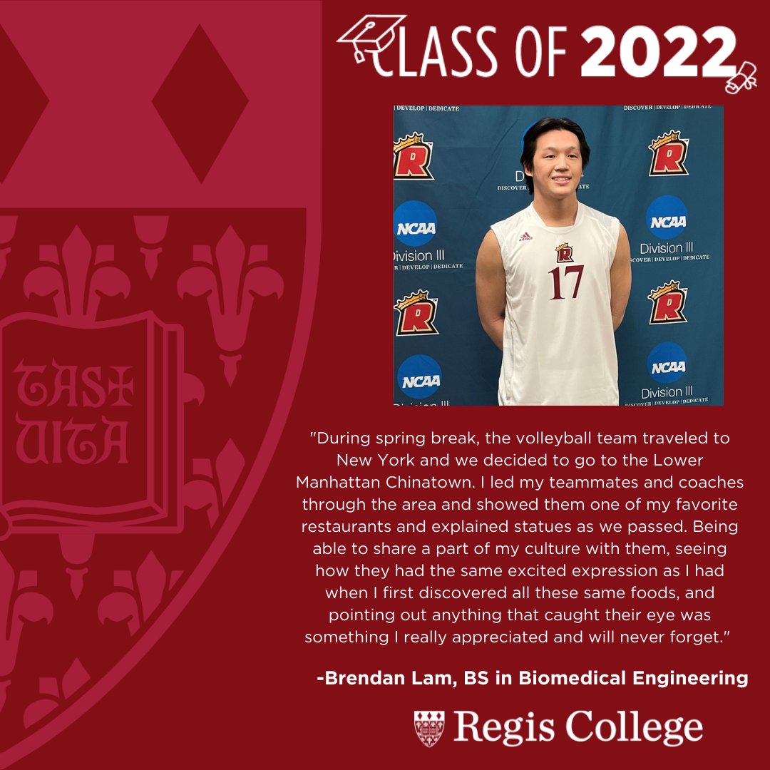 Brendan Lam is earning his BS in Biomedical Engineering this year. Brendan is a founder of the Asian American Appreciation Club and a member of the Men's Volleyball team.

Exploring Lower Manhattan Chinatown with his teammates is his favorite Regis memory. 🏙

#Regis2022