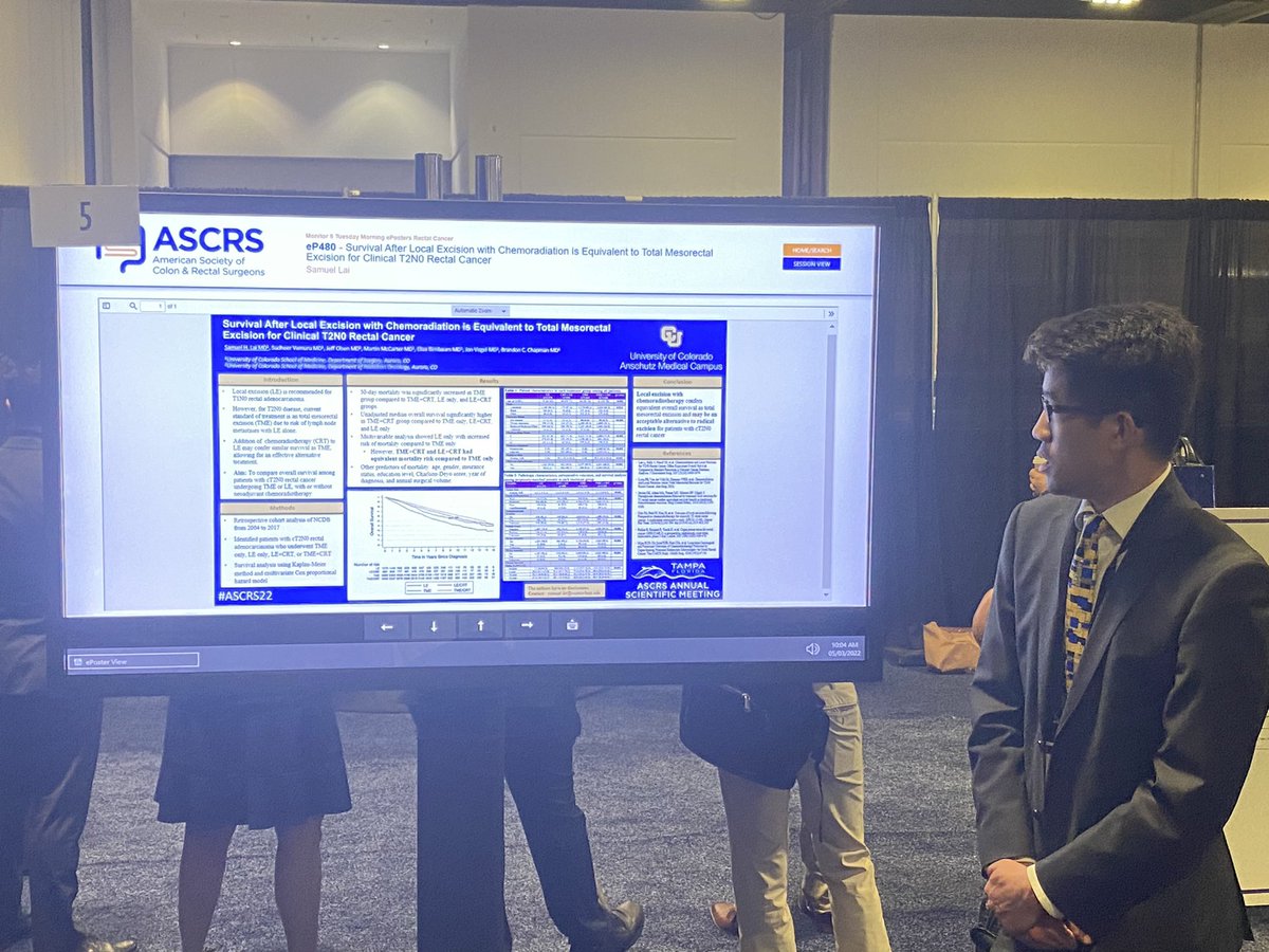 Local excision and chemoradiation equivalent to TME in cT2N0 rectal cancer. Another great talk by <a href="/SamuelHLai/">Sam Lai</a> at #ASCRS22 <a href="/CUDeptSurg/">CU Department of Surgery</a> <a href="/cugites/">CU GITES</a>
