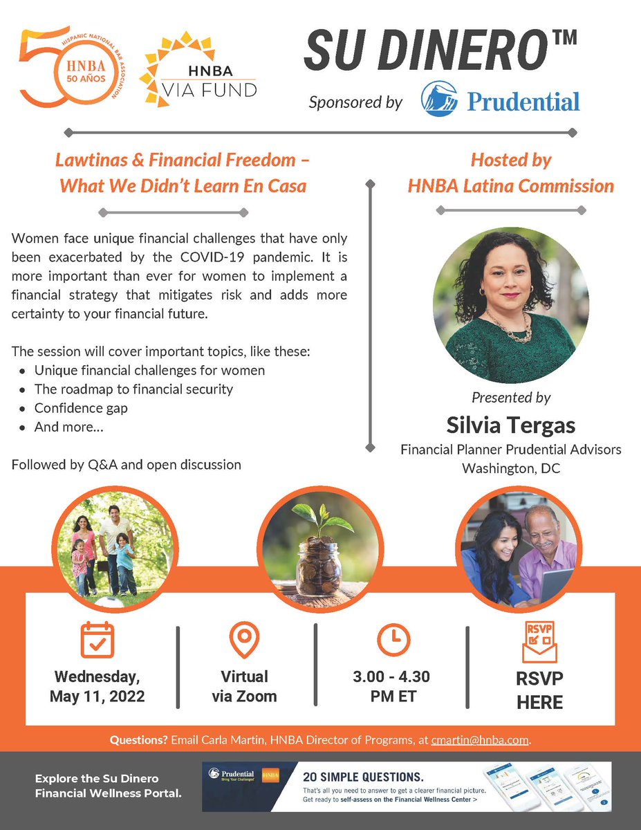 We are thrilled to co-host this event with HNBA Latina Commission and <a href="/Prudential/">Prudential</a> featuring guest speaker Silvia Tergas. If you'd like to attend, please RSVP here: hnba.com/2022-hnba-via-…
<a href="/HNBANews/">Hispanic Nat'l Bar</a>