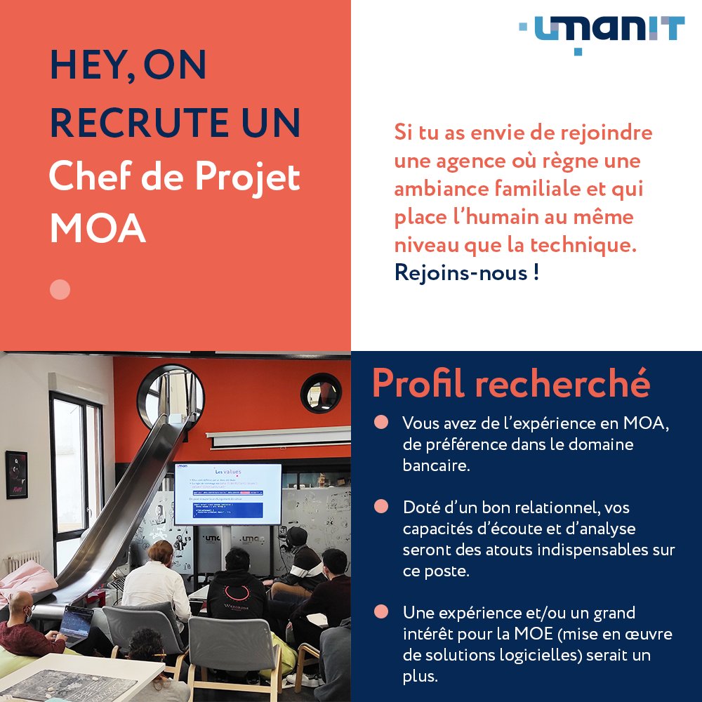 📌[#Recrutement]

📢 La UmanITeam a besoin de renfort et recherche son prochain Chef de projet MOA (F/H) !

💼 Rejoins-nous et intègre l'aventure #UmanIT, à la fois humaine et #technique.

Plus d'infos ici ! 👩‍💻👨‍💻
👉 umanit.fr/annonces/carre…

#chefdeprojet #web #nantes #emploi