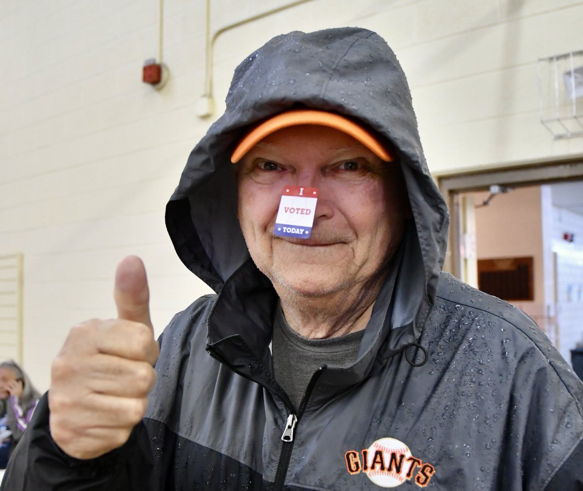 Randy Alter gives a ‘thumbs up’ after putting his ‘ I Voted Today’ sticker on his nose at the Chesterfield Mill Creek voting center this morning.  #MadCoVotes