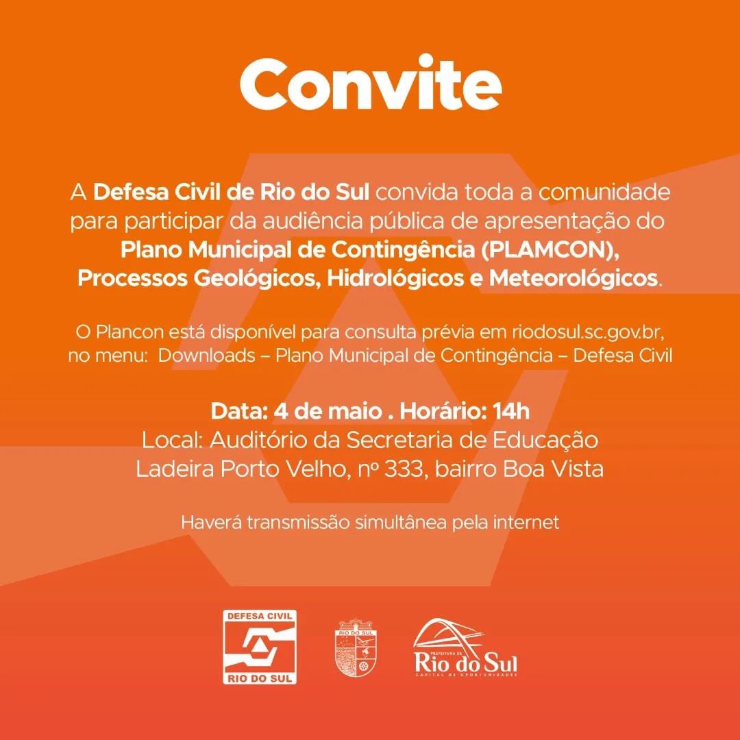PrefRiodoSul's tweet photo. Amanhã é dia de 📝audiência pública sobre o Plano Municipal de Contingência (Plamcon). O encontro é aberto a toda comunidade, profissionais da área de segurança e técnicos. Participe!

#defesacivil #riodosul #sc https://t.co/Hgsiy1kBIb