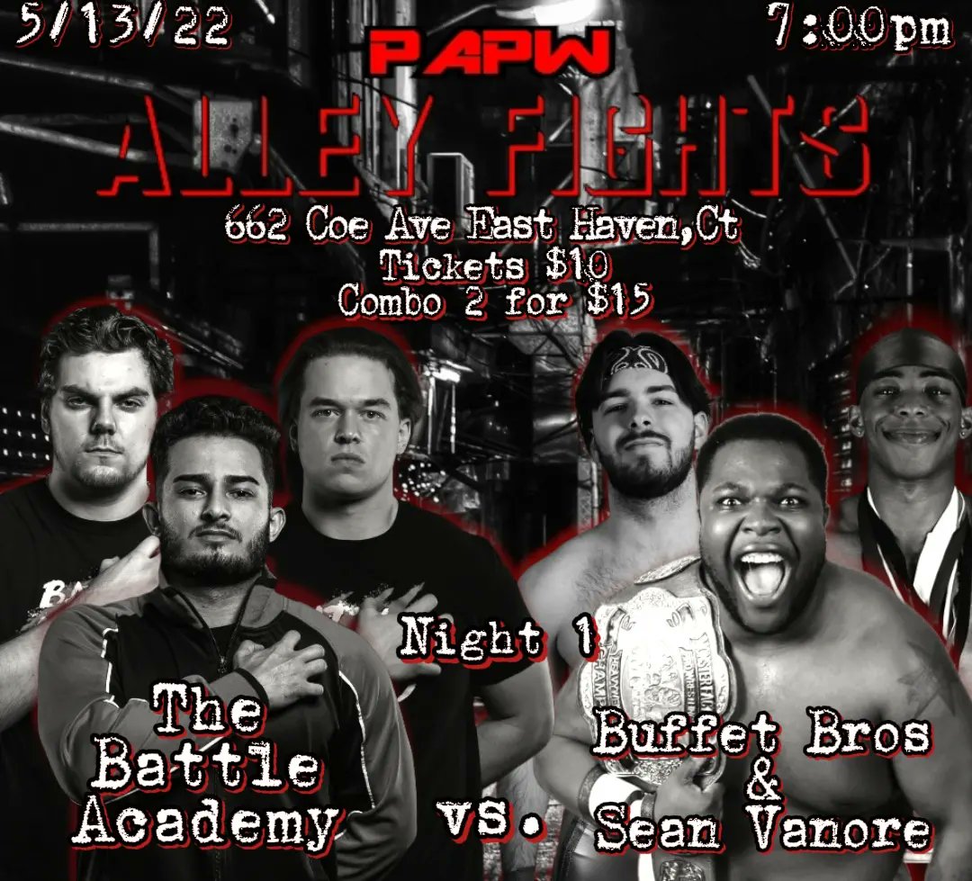 Official_PAPW's tweet photo. 🚨Match Announcements🚨
2 Matches Set for #AlleyFights #DoubleShotWeekend on Friday (Night 1) We'll see 6 Man Tag Team Action as #TheBuffetBoys. @BobbyBuffetMFPW & #HaafizAli team with @sean_vanore to take on #TheBattleAcademy @thehuntertarca @itsjakelynn
& @Zo_Vendetta https://t.co/8SfzK7oFhL