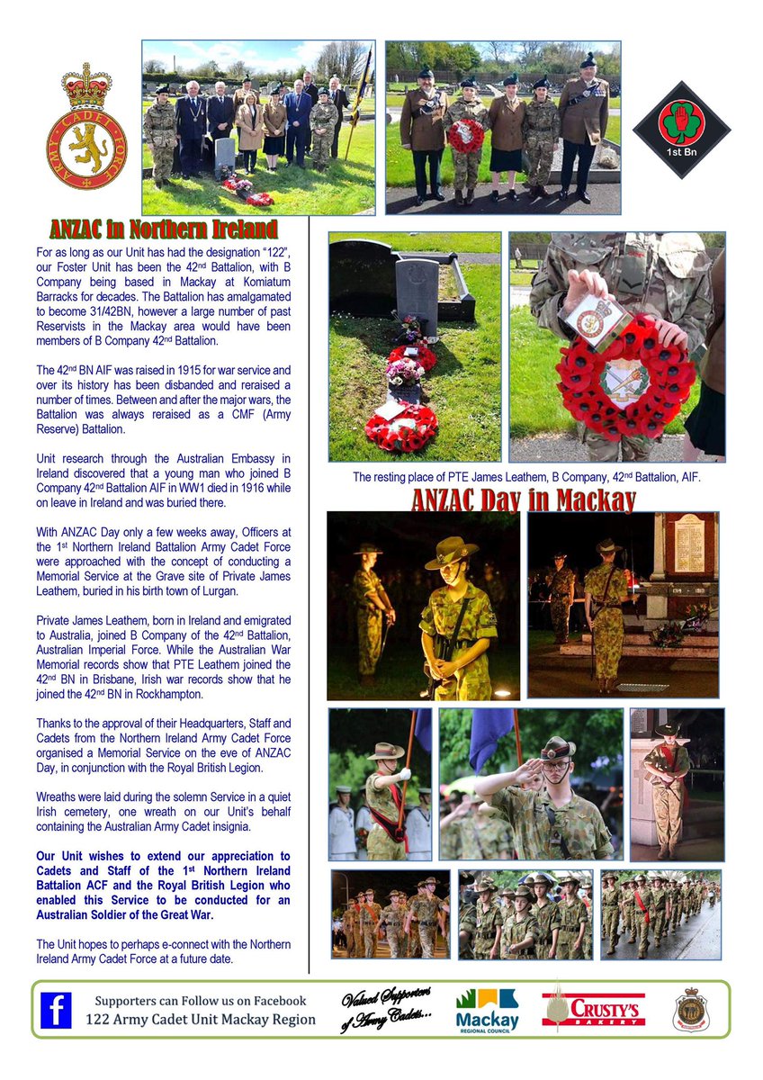 1_NI_ACF's tweet photo. Page from Newsletter Australian cadet unit 122 Army cadet unit McKay region Queensland thanking C Coy re Wreath laying for #AnzacDay2022 #cadets1ni @ALieutenancy @RFCANI @CCOY1NIACF @DCoy1NIACF @austrailia_news https://t.co/iO1pysISTR