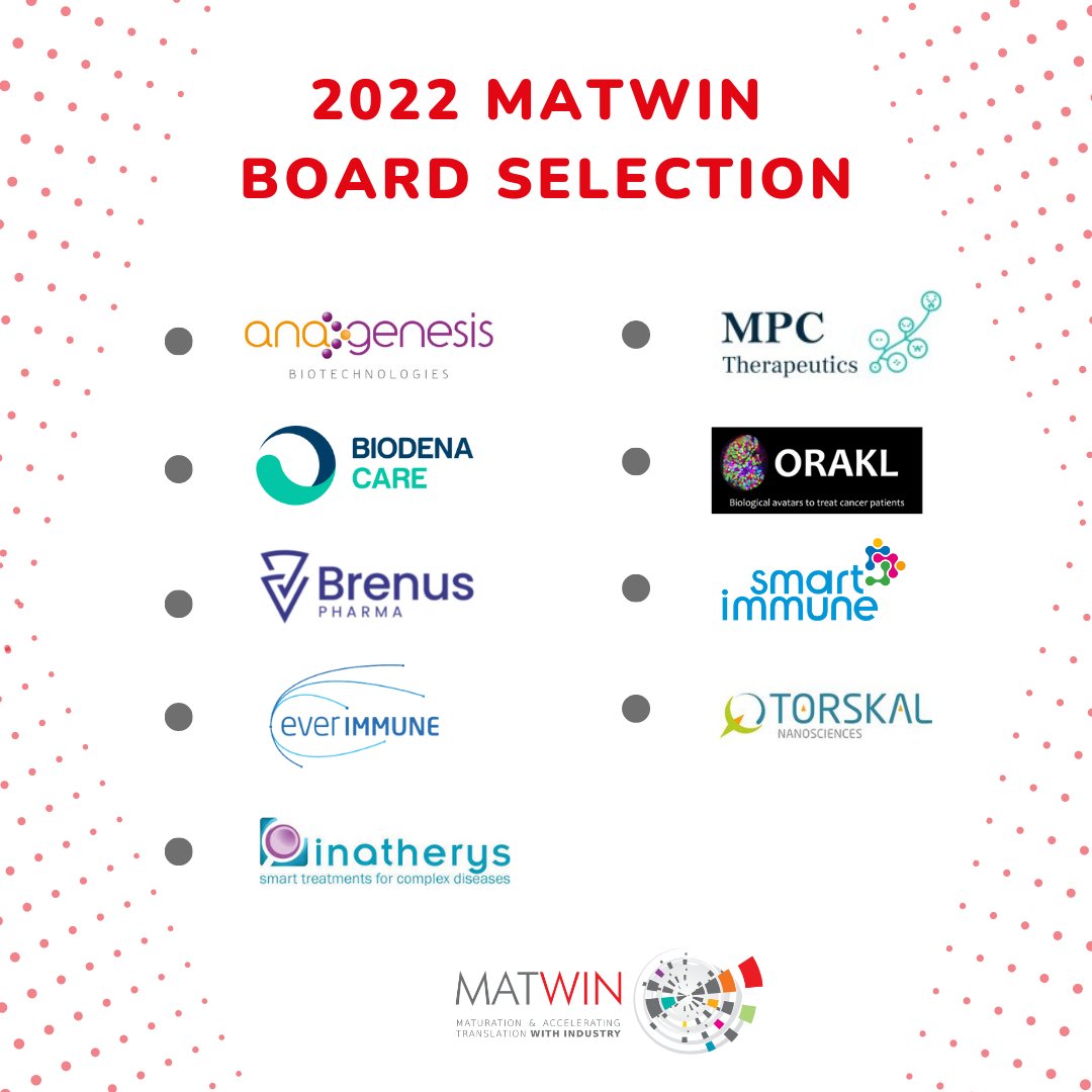 👏aux 8 lauréats sélectionnés pour pitcher devant le prestigieux board MATWIN en marge de #MEET2WIN 🚀! <a href="/SmartImmune_off/">Smart Immune</a> #everimmune #anagenesis #inatherys <a href="/Torskal_Nano/">Torskal Nanoscience</a> #BiodenaCare <a href="/MpcTherapeutics/">MPC Therapeutics</a> <a href="/GustaveRoussy/">Gustave Roussy</a> <a href="/BrenusP/">z</a> 
🙏 aux partenaires de MATWIN pour leur soutien !
