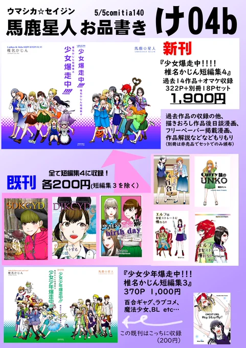 5/5コミティア140でのサークル馬鹿星人のお品書きです。どうぞよろしくお願いします。新刊は既刊のまとめ本(14作品+α)です。 #コミティア #COMITIA140 