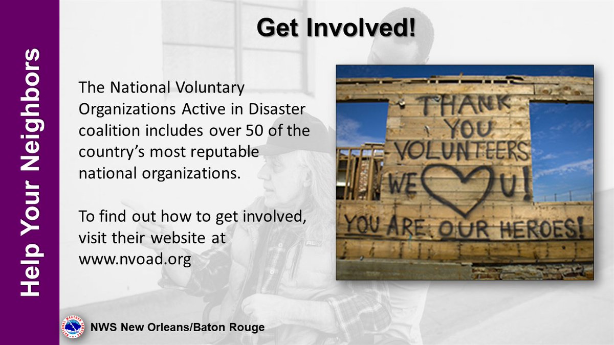 NWSNewOrleans's tweet photo. Want to know how you can get involved to help others who may not be able to prepare for hurricane season on their own? @NationalVOAD can help link you with volunteer organizations in your area. #HurricanePrep #lawx #mswx #MSPrepares https://t.co/bb9tKHINWu