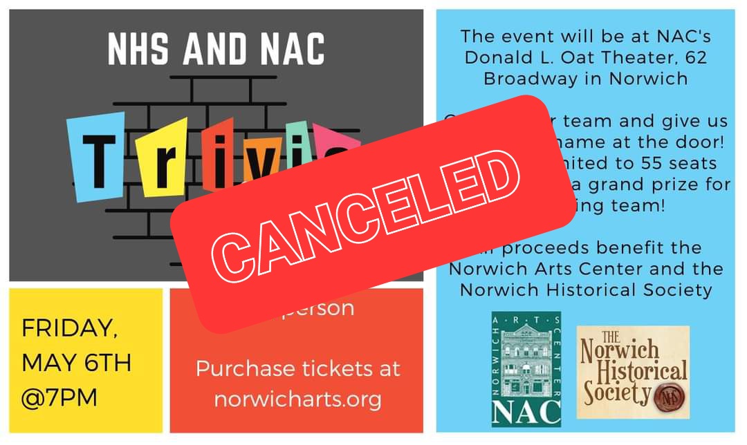 NAC and the Norwich Historical Society announce with regret that the Trivia Night Fundraiser, scheduled for this Friday, May 6, has been canceled. It will be re-scheduled for a future date. Ticket-holders have been refunded. Questions, call Faye Ringel @ 860-608-3494.