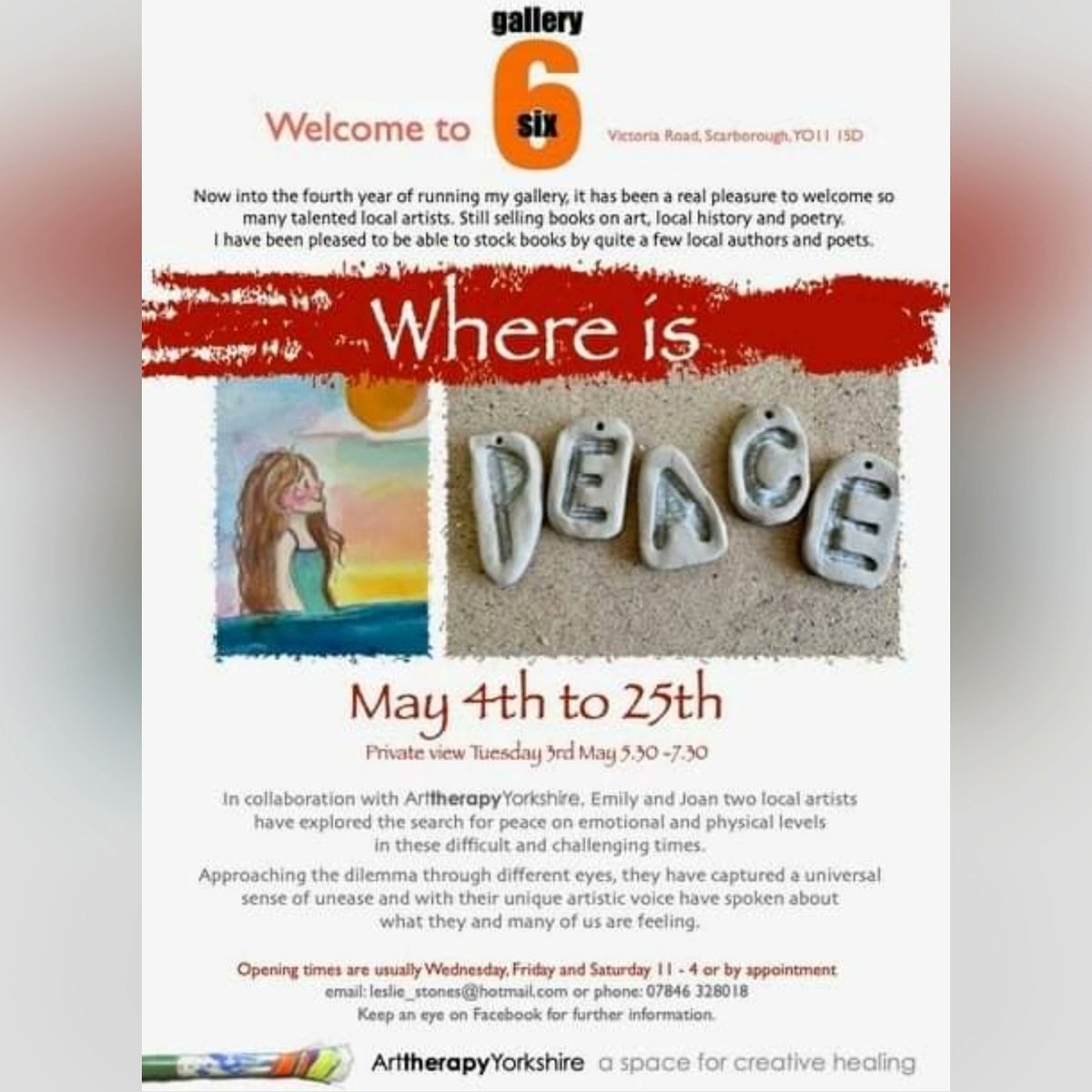 Starts tomorrow 'Where is Peace' exhibition, a collaborative works of Emily and Joan through Arttherapy Yorkshire. 
With an interactive component to the exhibition. 
We look forward to seeing you. #ArttherapyYorkshire #gallery6scarborough #whereispeace