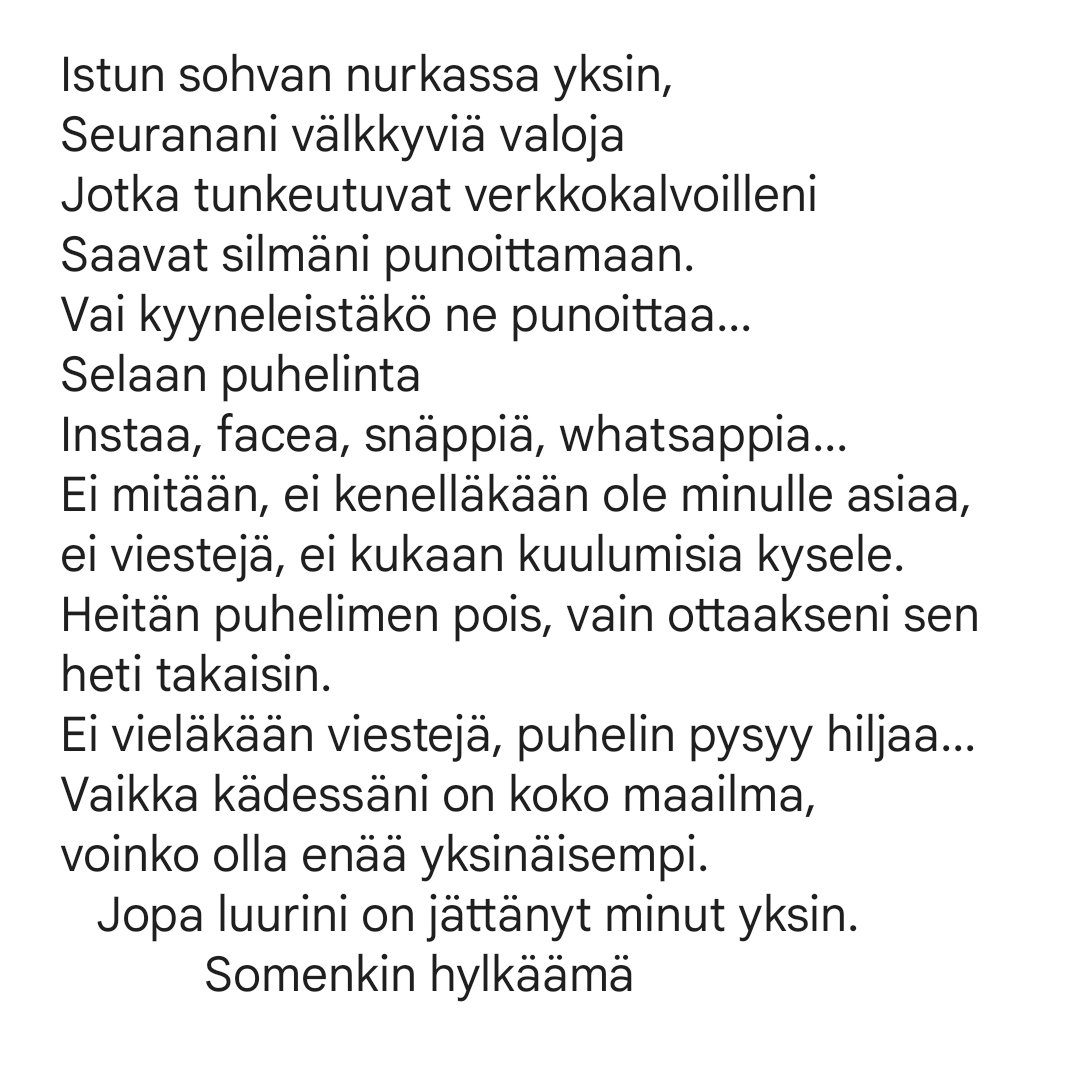 Poolaipe's tweet photo. #runo #poem #somenkinhylkäämä #some #yksin https://t.co/KI4PdB4Wdg