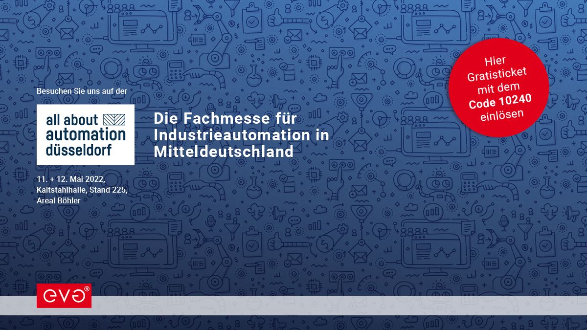 Am 11. und 12. Mai findet am neuen Standort auf dem Areal Böhler in Düsseldorf die zweite <a href="/aaamesse/">allaboutautomation</a> für das Jahr 2022 statt.

Wir sehen uns! In der Kahlstahlhalle auf unserem Stand mit der Nummer 225.

Gratisticket unter bit.ly/3kzxfde mit dem Code 10240.