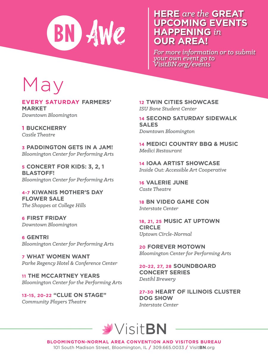Check out our upcoming Bloomington-Normal #events for May!! To check out more events head to visitbn.org/events