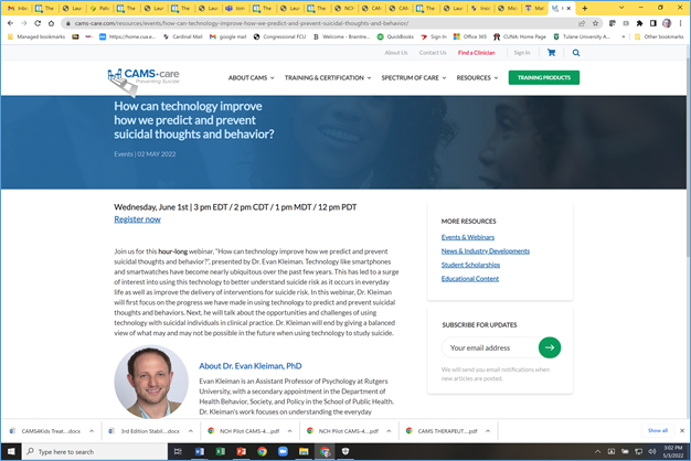 lab_jobes's tweet photo. Join Dr. Evan Kleiman from Rutgers University and me for the next FREE webinar sponsored by CAMS-care on June 1 at 3 PM EST. Evan will be talking about the use of technology in suicide prevention research. It will be a terrific talk with Q&amp;A, don't miss it! https://t.co/BEotdg66Dg