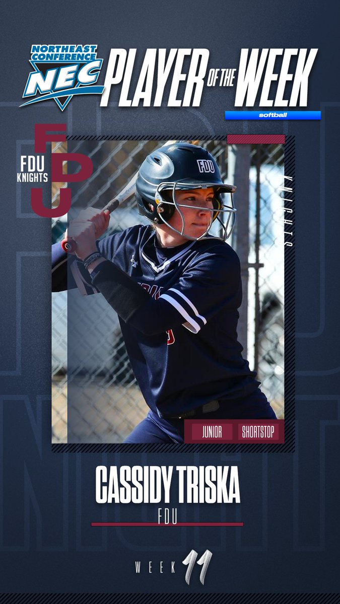 necsoftball's tweet photo. #NECsoftball Player of the Week 🏅

👉Cassidy Triska, @FDUKnights
 
🗒️Triska enjoyed another 💥 explosive stretch to earn her 3rd POW honor. Sending 8 of her 10 hits for extra bases (3 2B &amp; ✋ HRs), she scored 🔟 runs &amp; drove in 11. She batted .526 &amp; slugged 1.474 in 5 games. 🔥 https://t.co/1VbNOWMgHO