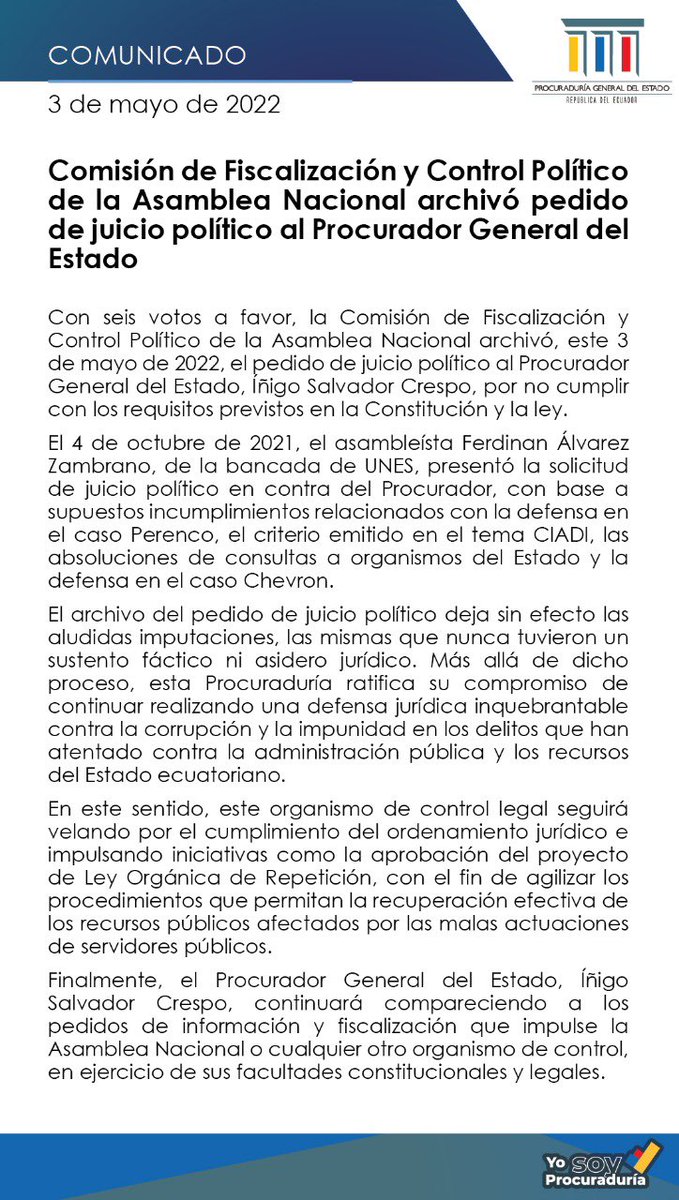 PGEcuador's tweet photo. #Importante| Este 3 de mayo de 2022, se archivó el pedido de juicio político al Procurador General del Estado por parte de la Comisión de @FiscalizacionAN de la @AsambleaEcuador. 

Aquí nuestro comunicado oficial ⬇️ https://t.co/eZBbQ6RXCf
