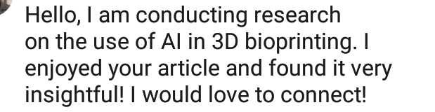 OlaEwumi's tweet photo. It is one thing when consumer life sciences AI audience find an article interesting but it's a whole new level when researchers find it insightful.
 
Funny enough I wrote this piece a year ago and it still ranks no 1 on Google for the keyword "AI in 3D Bioprinting." https://t.co/8IcDr3uEEp