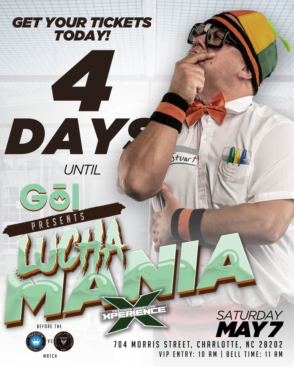 4 Days until PWX takes over Uptown with #Luchamania!! Join us and #GolCLT as we show the @CharlotteFC fans what the Xperience is all about!! Get your Lucha VIP or GA tickets now!!! Tickets available at: pwx.simpletix.com