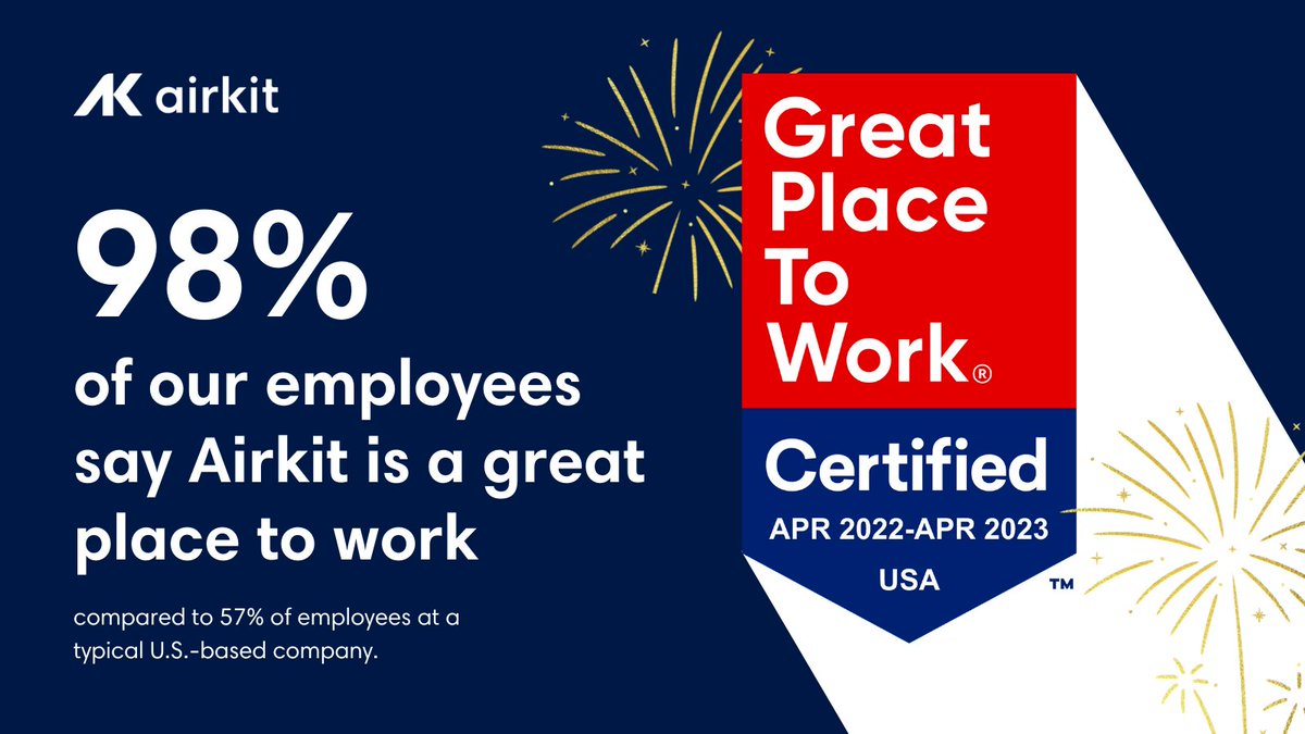 Great news! Thanks to our amazing employees, we're excited to announce that <a href="/AirkitCX/">Airkit.ai</a> is Great Place to Work Certified. 🎉

Even greater news — we're always looking for new teammates: bit.ly/3u79Kvm

#GPTWCertified #PeopleFirst