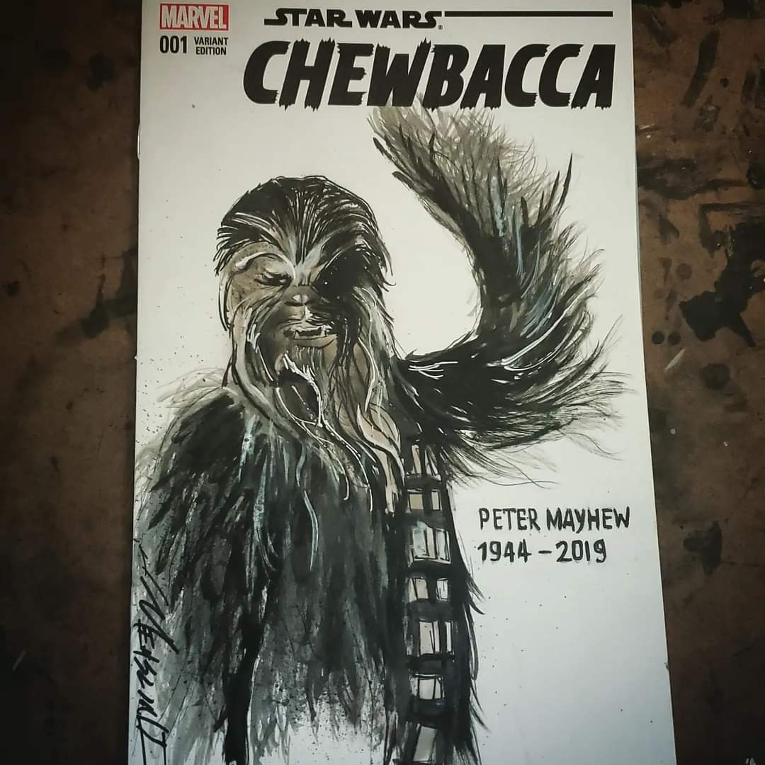 Chewbacca Sketchcover commission for Krypton Comics pickup this weekend.
The commissioner wanted a Peter Mayhew tribute #starwars #sketchcover #chewbacca #inkwash #airbrush https://t.co/m8tFZl8tlX