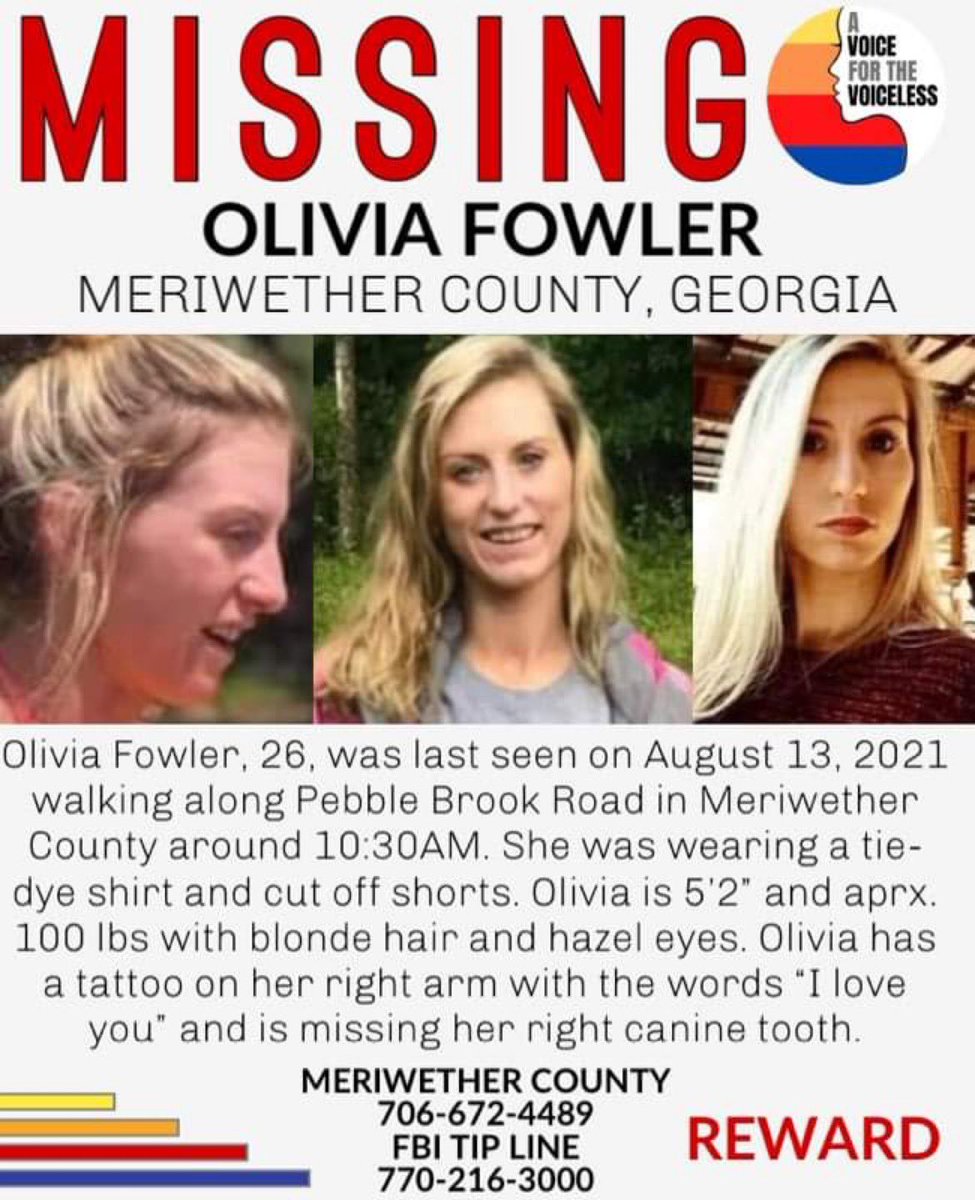 AwarenessTCS's tweet photo. ‼️ MISSING ‼️SHARE
#OliviaFowler #OliviasArmy
🚩Missing Age 26
🚩Eye color hazel
🚩Hair color blonde
🚩Height 5'2"
🚩Weight 100 lbs
🚩From #Manchester #Georgia
🚩Last contact 8/13/2021
🚩Tattoos “I love you” on her right arm
🚩missing her right fang tooth https://t.co/5A8GWDU2WT