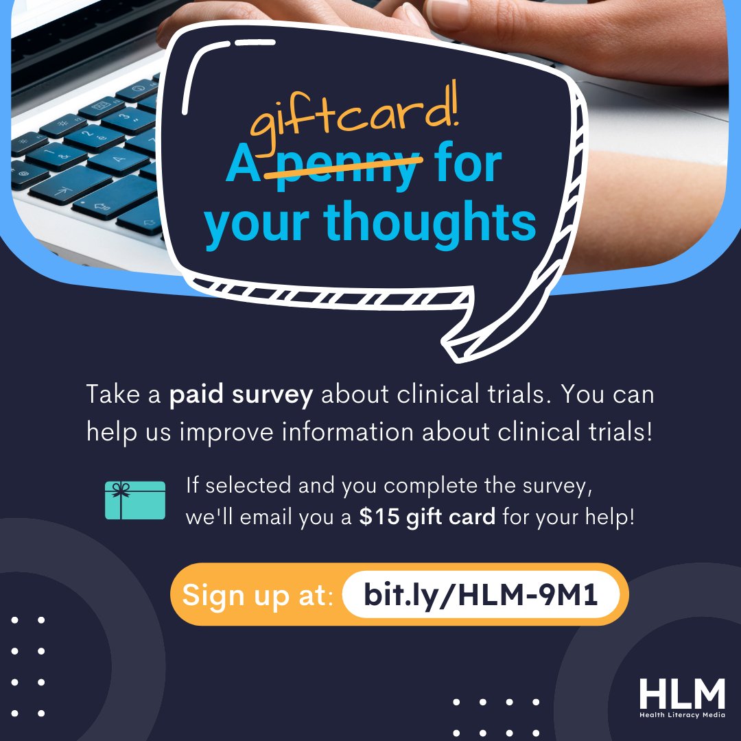 C3T_HLM's tweet photo. We’re looking for people to share their thoughts about clinical trials. To see if you qualify and sign up, click here to answer a few questions: https://t.co/2NoMMHGYgm
#surveyresearch #clinicaltrial #paidsurvey #healthinformation #healthcommunication #sciencecommunication https://t.co/C0j3Mws0OU