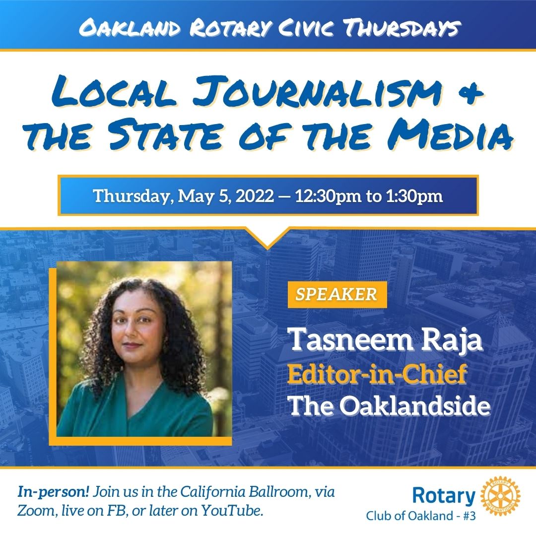 Our Civic Thursday speaker this week <a href="/tasneemraja/">Tasneem Raja</a> will delve into the state of media and local journalism. We'll be in-person at the California Ballroom by <a href="/Oakstop_/">Oakstop</a>, 12:30-1:30. Swing through: cutt.ly/LGDJL4t <a href="/OaklandChamber/">Oakland Chamber</a> <a href="/theOAACC/">TheOAACC</a> <a href="/oaklandCTchambr/">Chinatown Chamber</a> <a href="/OaklandLatinoCC/">Oakland Latino Chamber</a>