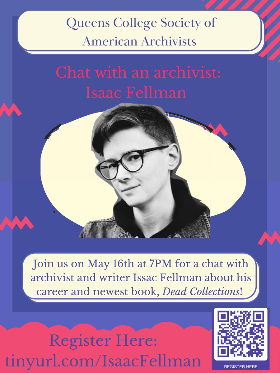 qc_saa's tweet photo. Join Queens College's chapter of Society of American Archivists for a chat with archivist and writer Issac Fellman on May 16th at 7:00PM! @isaac_fellman https://t.co/IjperE3UUr