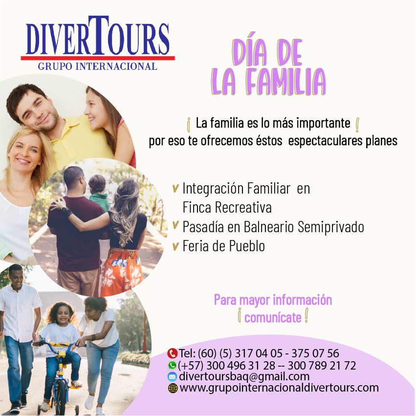 Divertoursltda's tweet photo. La familia es lo mas importante para todos, por eso te ofrecemos estos espectaculares planes para celebrar 
¡¡ Contáctanos !!
divertoursbaq@gmail.com
Tel: (60) (5) 317 04 05 - 375 07 56
(+57) 300 496 31 28 -- 300 789 21 72 
https://t.co/5zpyjDiBiI https://t.co/PCsMw3s82k