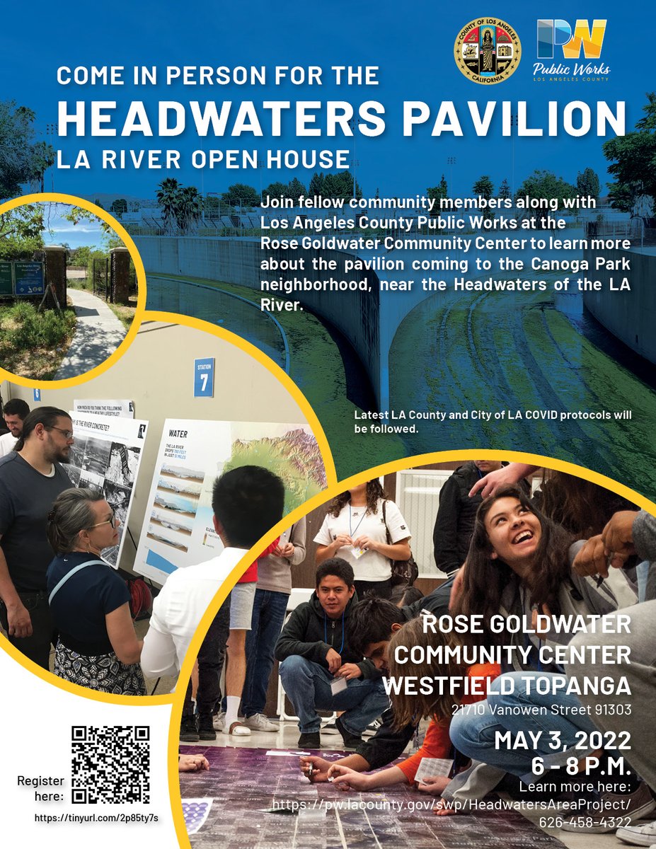 HeadwatersArea's tweet photo. ¡Únete a la discusión esta noche! Únete a @lacopublicworks en persona esta noche, martes, 3 de mayo para obtener más información sobre el pabellón que llegará al vecindario de Canoga Park, en la Cabecera del Rio de Los Ángeles. Visite el link/ código QR para registrarse. https://t.co/skgi286b2z