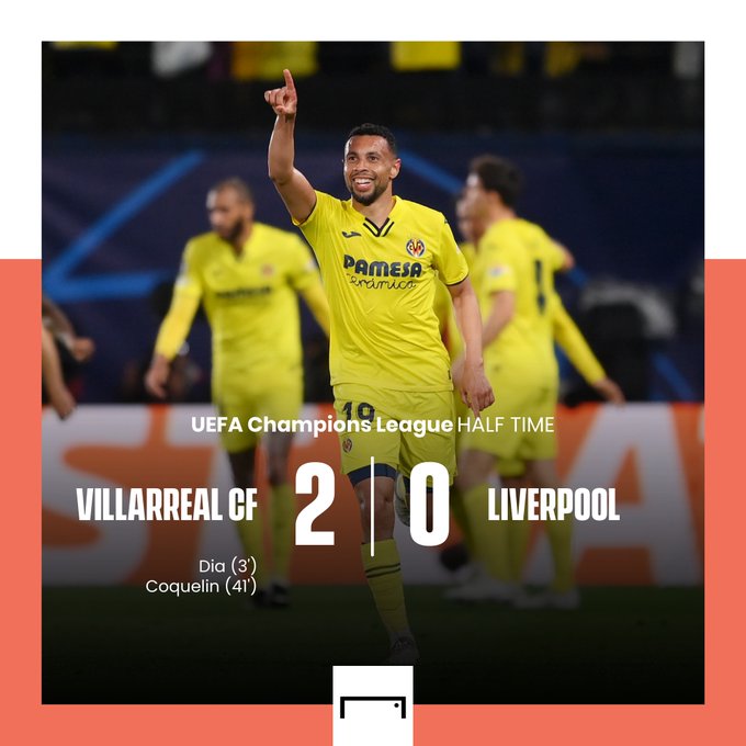 GOAL_ID's tweet photo. HT: #Villarreal 2-0 #Liverpool | AGG: 2-2

Gol dari Boulaye Dia dan Francis Coquelin membawa tuan rumah unggul atas Liverpool!    

Akankah keajaiban ini berlanjut di paruh kedua?

#MatchdayGoal #VILLIV #UCL https://t.co/MuXcwSnXnx