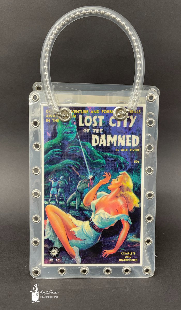 125/365: This creative bag holds within its folds a postcard featuring the 1961 pulp 'Lost City of the Damned' published under the name Alec Rivere (Charles Nuetzell). The cover art was created by the author's father, Albert Nuetzel.