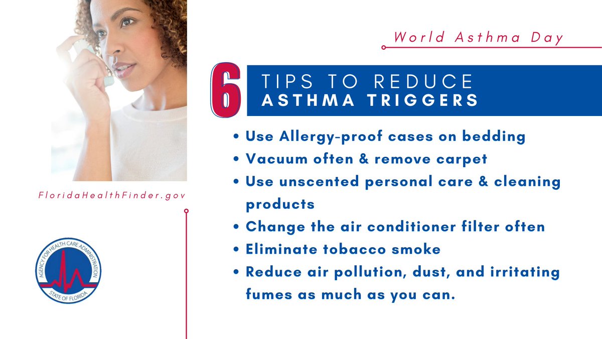 AHCA_FL's tweet photo. Do you or a member of your household have asthma? Follow these tips to help reduce asthma triggers! #WorldAsthmaDay #AsthmaTriggers #FloridaHealthy #FloridaHealthFinder
@HealthyFla https://t.co/jDhK8lILn2