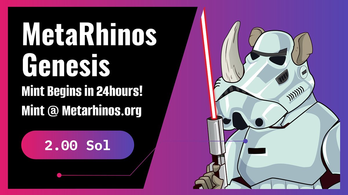 RhinosMeta's tweet photo. Minting in just 24 hours!
Just 250 NFT's @ 2.0 Sol.

*The Largest &amp; most exciting DAO driven NFT in Digital Reinvestment &amp; Passive Income production!*

Minting at https://t.co/qKGE6iFRDG

Join our server at https://t.co/lvEZglBclu 

#NFTs #DegenSpaceHost #SolanaNFTs #nftlover https://t.co/TKIAvoFPDM