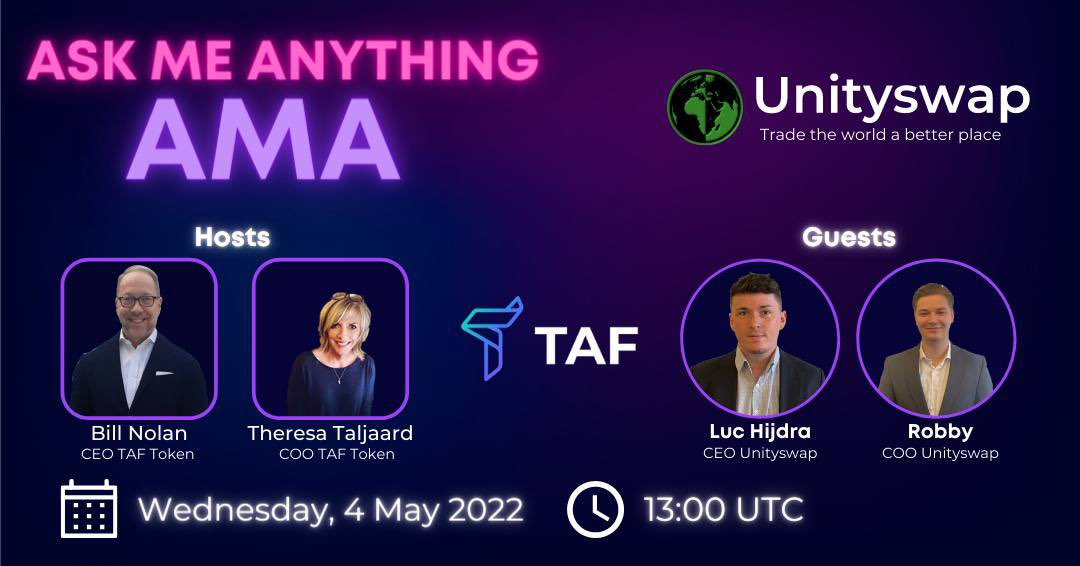 btaftoken's tweet image. Live Zoom AMA with @UnityswapDEX CEO Luc Hijdra 📞

🗓 Date: Wednesday 4th May 
⏰ 13:00 UTC
📍 Where: Register in advance for this meeting:
bitcointaf.zoom.us/meeting/regist…

#AMA #unityswap #taftoken #charity #charityfundraising #presale
