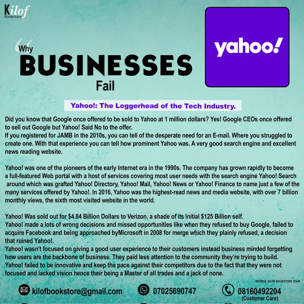 KilofBookstore's tweet image. Remember the prominent Yahoo? The Yahoo! that you needed to write jambs and be formal back then??

Well, they're the loggerhead of the Tech Industry today!

Daddy wa Shoprite