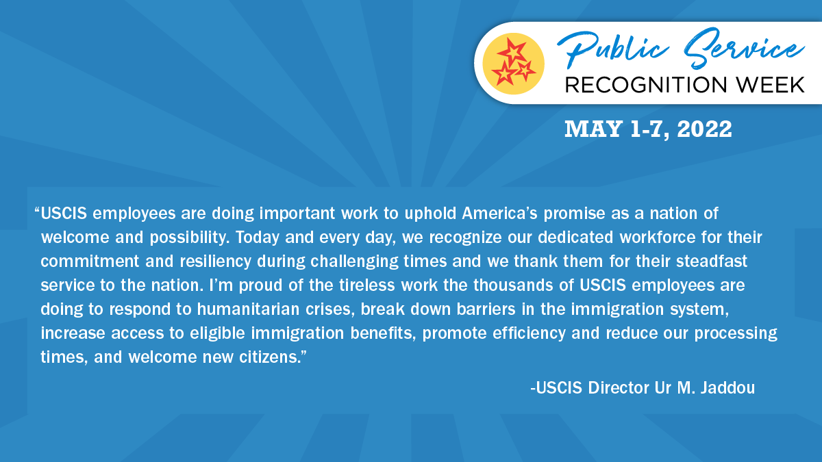 USCIS's tweet photo. The work of USCIS makes the possibility of America a reality for immigrants, the communities &amp; economies they join, &amp; the nation as a whole. As a result of our dedicated workforce &amp; their service to the nation, we've been able to break down barriers &amp; increase access. #PSRW https://t.co/oiy6AEHJcy