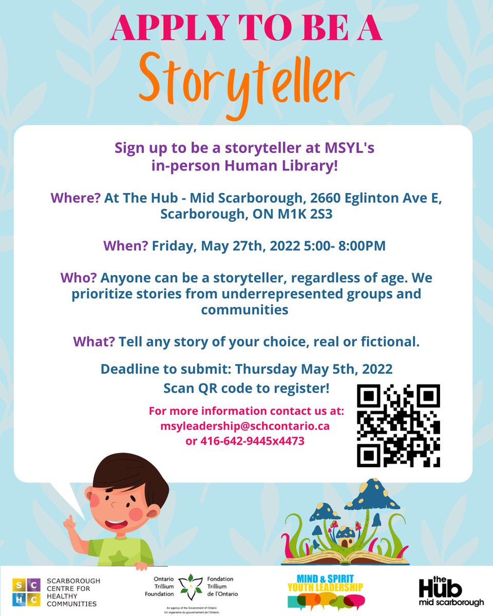 SCHCOnt's tweet photo. Our youth committee(MSYL) is bringing back the #HumanLibrary event &amp; we're looking for storytellers ($100 honorarium compensation) who have a remarkable story or experience to share with the community. See the images for all the details &amp; apply here: https://t.co/hE2FFTmUGe https://t.co/XaCHhwXOAK