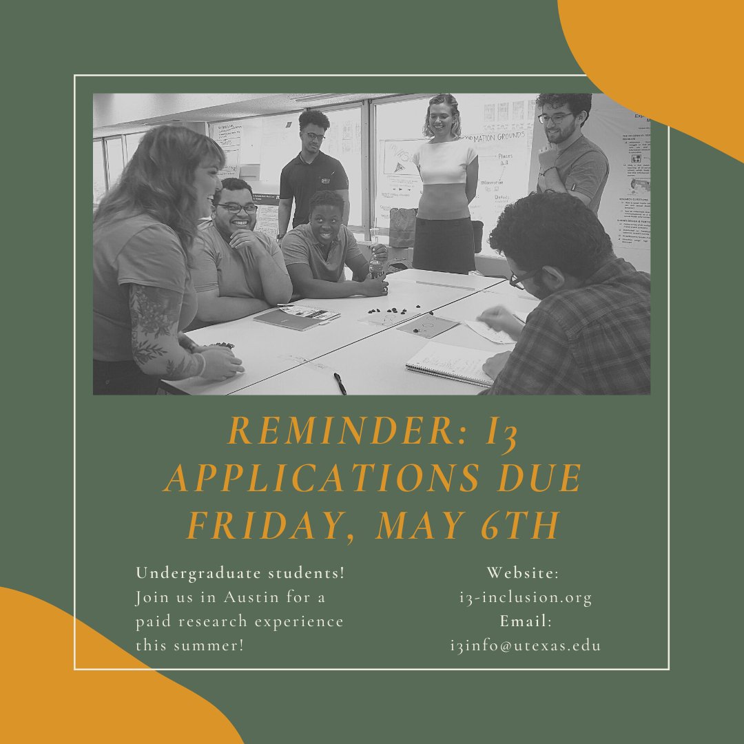 i3program's tweet photo. Applications are due this Friday (May 6)! Fully funded research and leadership opportunity for underrepresented, undergraduate students. Students across all colleges/universities, years of study, and majors are encouraged to apply! https://t.co/SfJRD0Aga7 https://t.co/e3MSy2IZXX