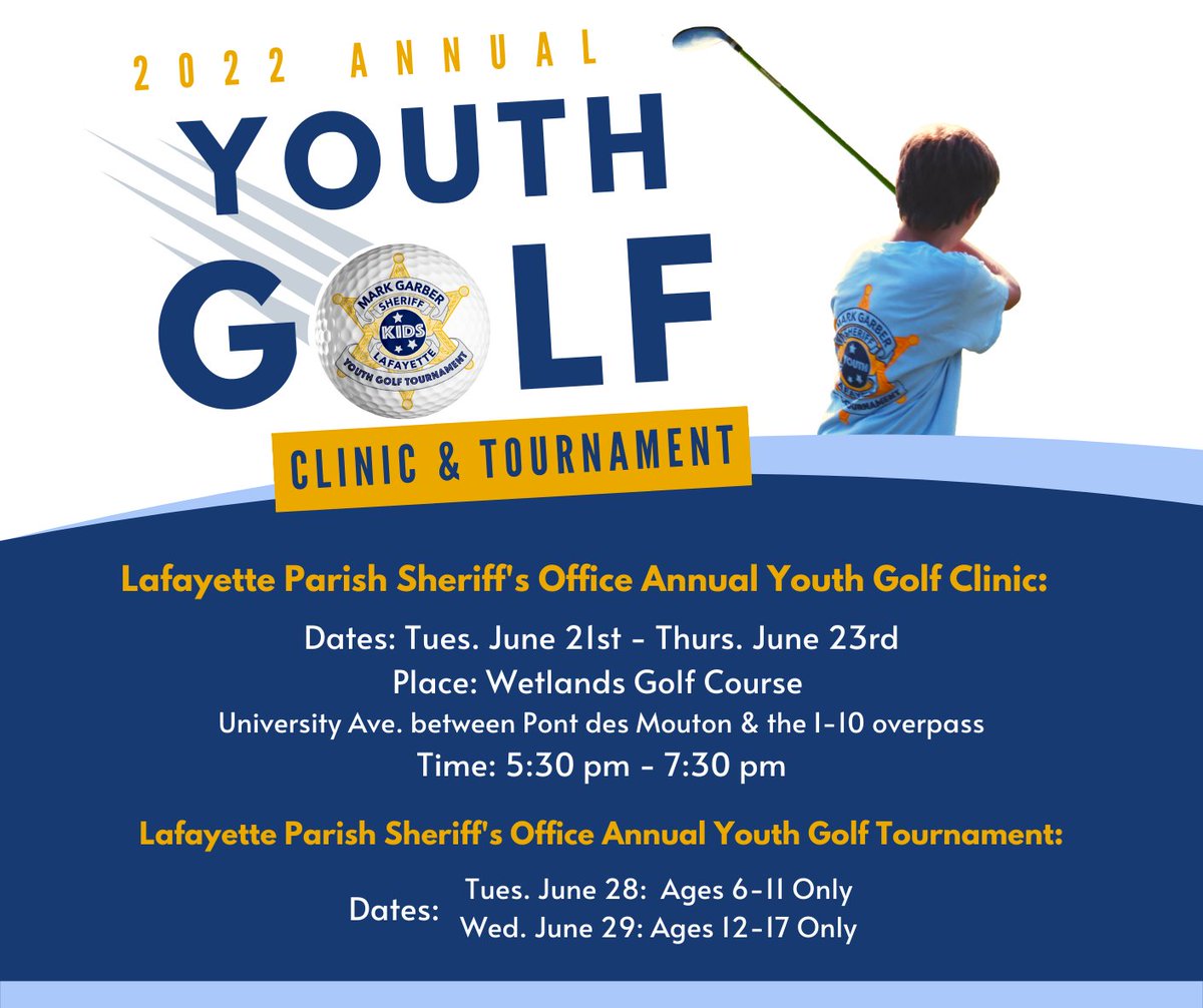 LPSONews's tweet photo. Sheriff Mark Garber would like to invite all children between the ages of 6 and 17 to attend the 2022 Annual Youth Golf Clinic &amp; Tournament! ⛳

Both the Golf Clinic and the Tournament are offered free of charge. https://t.co/r4Q0VrTtmK