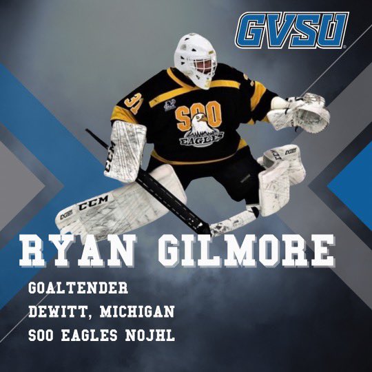GV_Hockey's tweet photo. 🚨 Commitment Alert 🚨

The Lakers are excited to announce the commitment of Soo Eagles (NOJHL) goaltender @ryangilmore30 In 3 seasons he posted a 3.05 GAA and a .913 Save Percentage. Ryan will join the Lakers this fall. Congrats Ryan and welcome to the family. #AnchorUp⚓️ https://t.co/Ng0pXuTNXZ