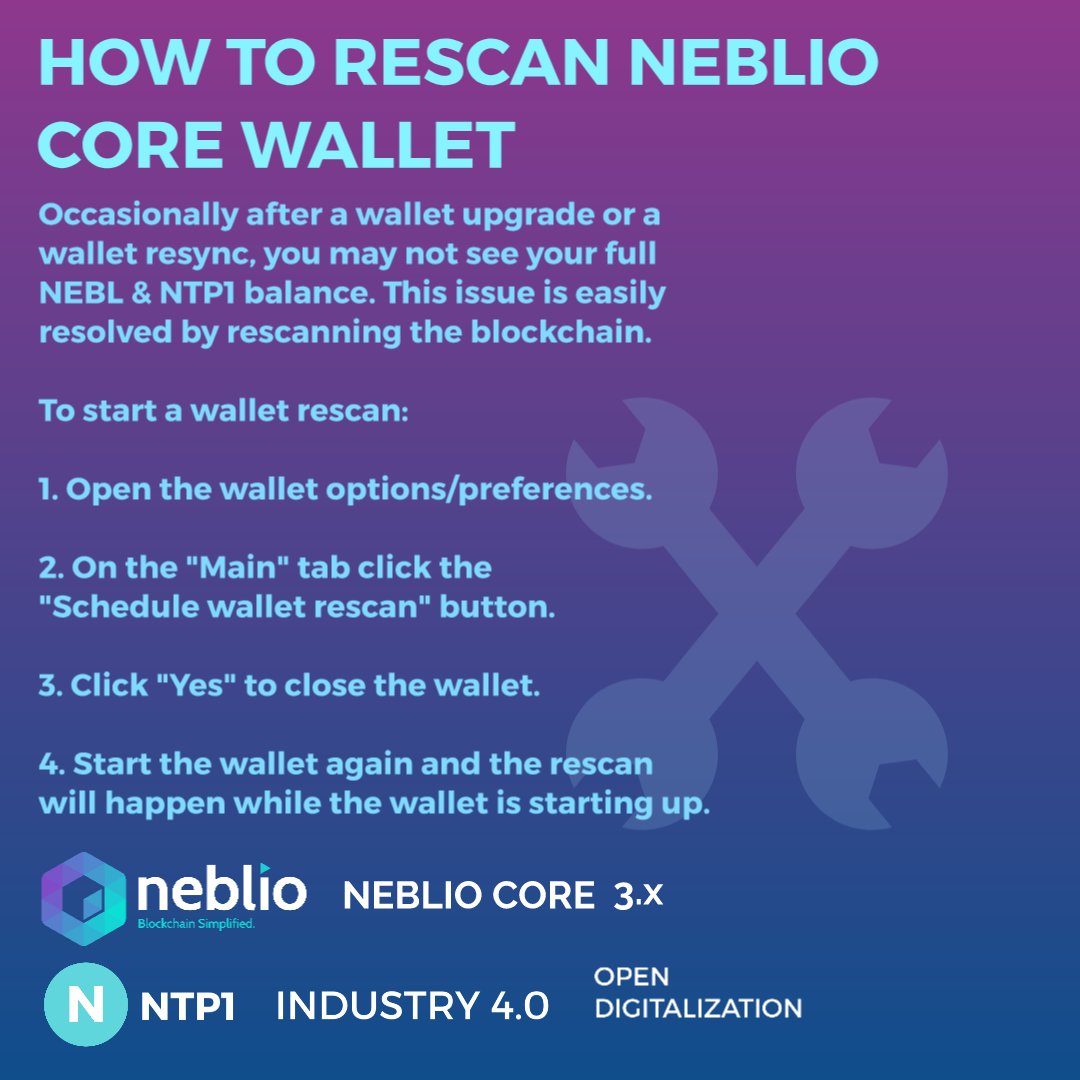Yellow_zine's tweet photo. 🇬🇧 Correct balance not displaying in your #NeblioCore wallet? More often than not when this happens, a simple rescan will fix the issue.
Follow these steps to carry out a wallet rescan.
https://t.co/5vLjhfP7xM
#Neblio #TokenizeEverything #NEBL $NEBL #cryptocurrency #Altcoin https://t.co/V1OJ9XM3zL