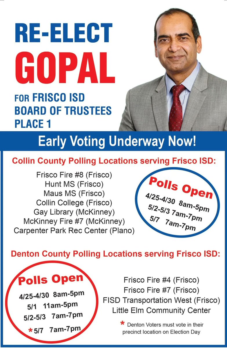 VoteForGopal's tweet photo. The future is bright for Frisco ISD students. But we can’t stop now. Let’s continue to create opportunities for every student. Join us in re-electing Gopal Ponangi for FISD Board of Trustees Place 1. #gopalforfisd #ReelectGopal #VoteGopal https://t.co/87Q6hMC8Lw