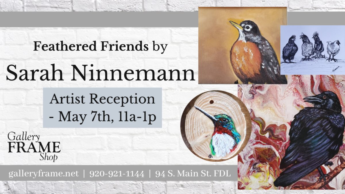 galleryframe's tweet photo. Meet Sarah Ninnemann this Saturday 11a - 1pm

#WMBD2022
#Featheredfriends
#birds
#localartist
#downtownfdl
https://t.co/vgpWaFNqGn https://t.co/gk2URIbFKc