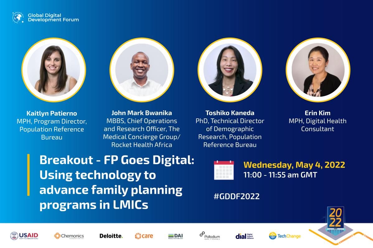 khpatierno's tweet image. Join @PRBdata&apos;s #PACEProject, @TMCGLtd, and Erin Kim at the Global Digital Development Forum tomorrow 7AM EST/11AM GMT to learn about applications of digital and frontier technologies in maternal, family planning, and reproductive health programs. Registration is free! #GDDF2022