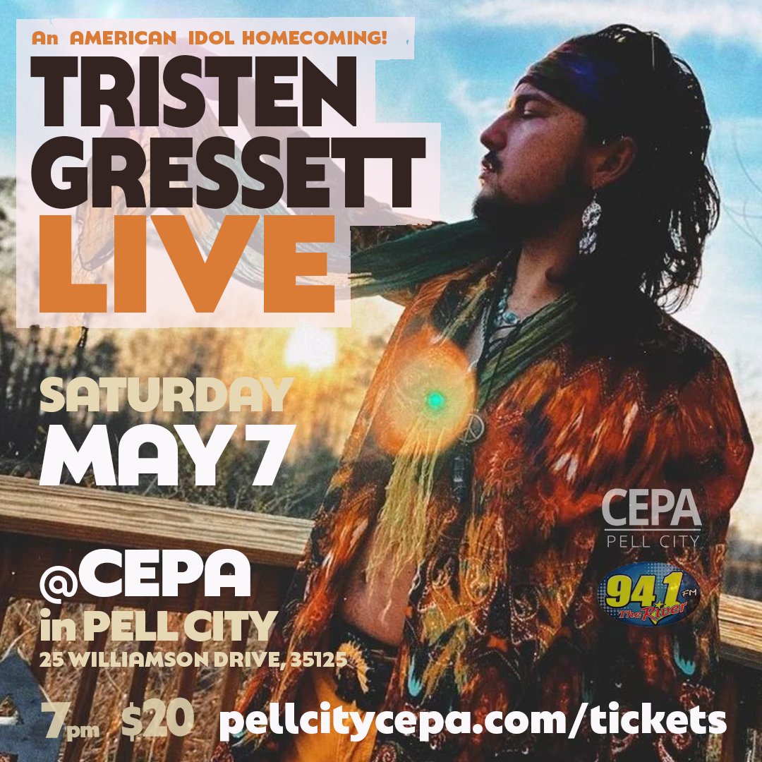 visitstclair's tweet photo. Time to ROCK 'N ROLL with Tristen Gressett ... LIVE at Pell City CEPA Saturday, May 7th at 7pm for his first live performance since his wild ride to the Top 11 on American Idol. Get your tickets now for this can't-miss performance at https://t.co/srJ8u41LPv. 🤘🎸⚡️ #visitstclair https://t.co/ZYaAIWDQyV