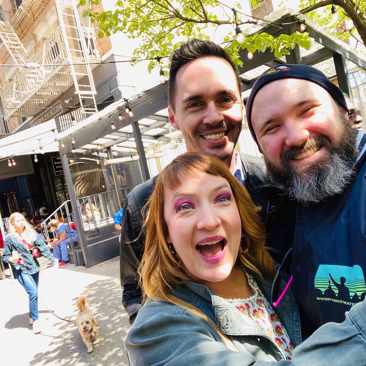 phunkybeck's tweet photo. Just 2 Servos + a GPC after eating biscuits in NYC a few weeks ago. Come join us (and our other fine #MST3K cast mates) this Friday, May 6th, for the premiere of Season 13! Full o’ cheesy movies, merriment + ridiculous bonus content  - we can’t wait to #SeeYouintheGizmoplex !!! https://t.co/jv70rlidD4