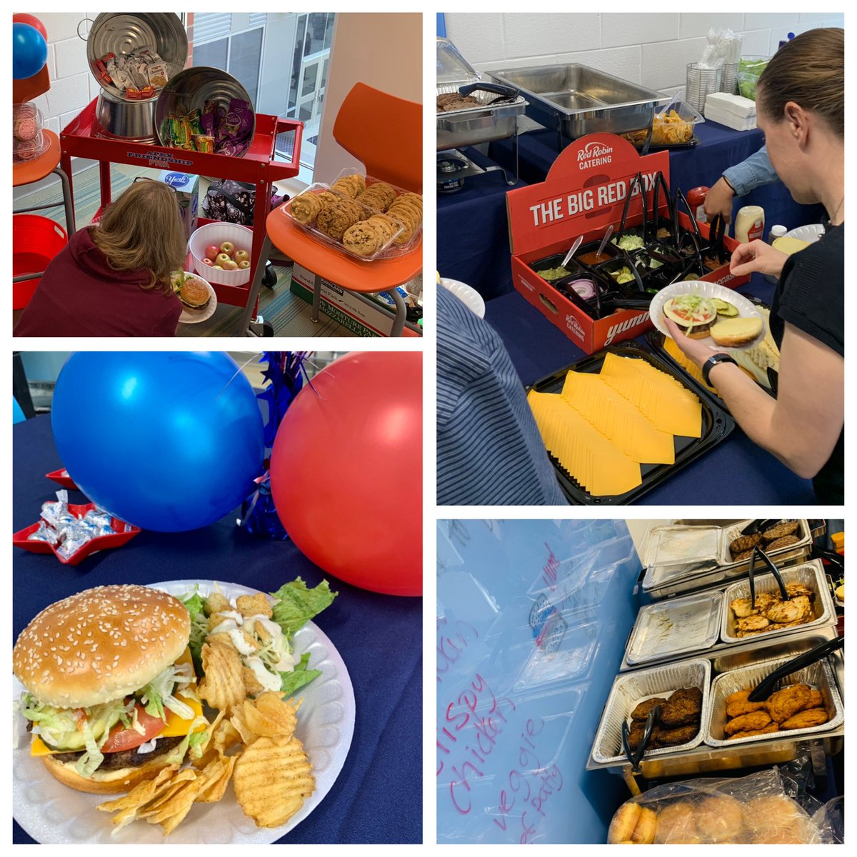 abby_offenbaker's tweet photo. Feeling the ❤️ LOVE! Thank you @AFMSPTSA @redrobinburgers for the Burger (and/or) Chicken bar, salad, chips &amp; treat! 💙 @AFMSChargers #BigRedBox #TeacherAppreciationWeek https://t.co/tj5DQNb4P5