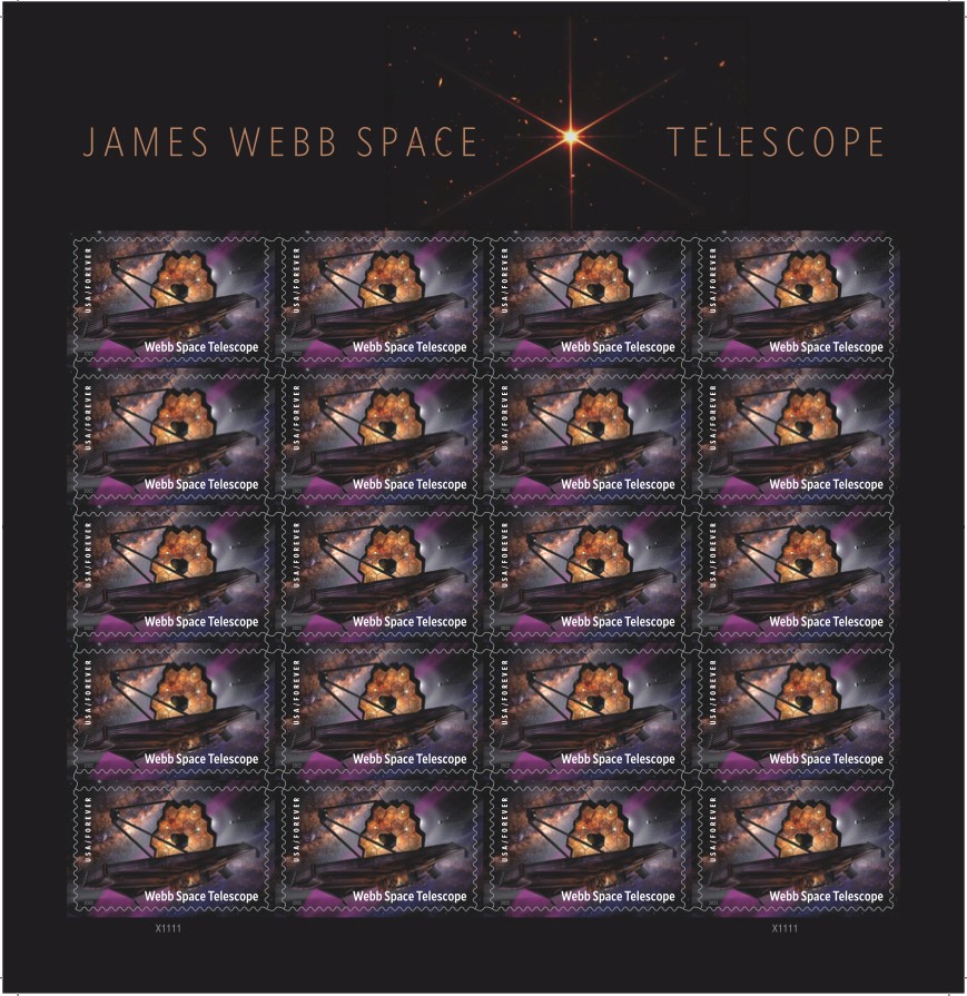 Each stamp on this sheet shows an illustration of the James Webb Space Telescope with its hexagonal golden mirrors and tennis-court-size sunshield against a starscape. The selvage photograph shows the rays of a bright star against dark and distant space taken by the telescope early in its mission, confirming the alignment of the Webb's 18 mirror segments. Art director Derry Noyes was the designer for the stamp project using existing art by James Vaughan and an image provided by NASA/STScI. Image credit: USPS
